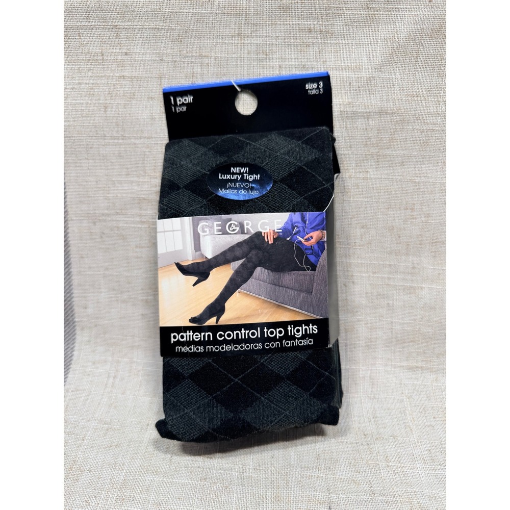 George Womens Charcoal Argyle Pattern Control Top Luxury Tights Sz 3 GT59G NEW